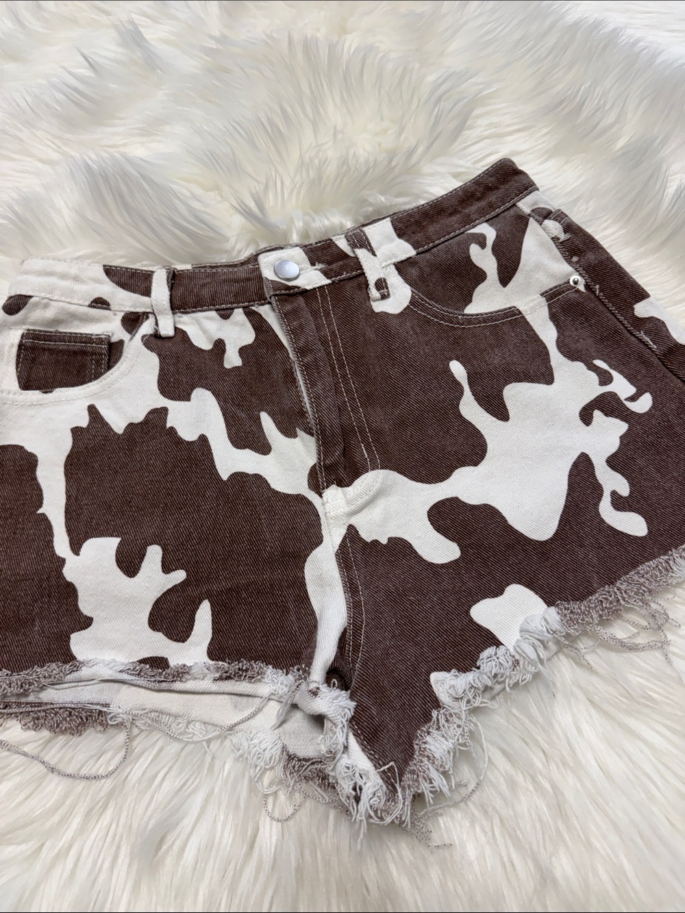 Cow Print High-Rise Denim Shorts - Brown/White Size Small